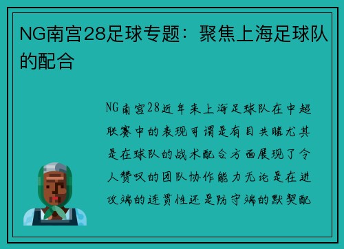 NG南宫28足球专题：聚焦上海足球队的配合