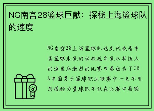 NG南宫28篮球巨献：探秘上海篮球队的速度